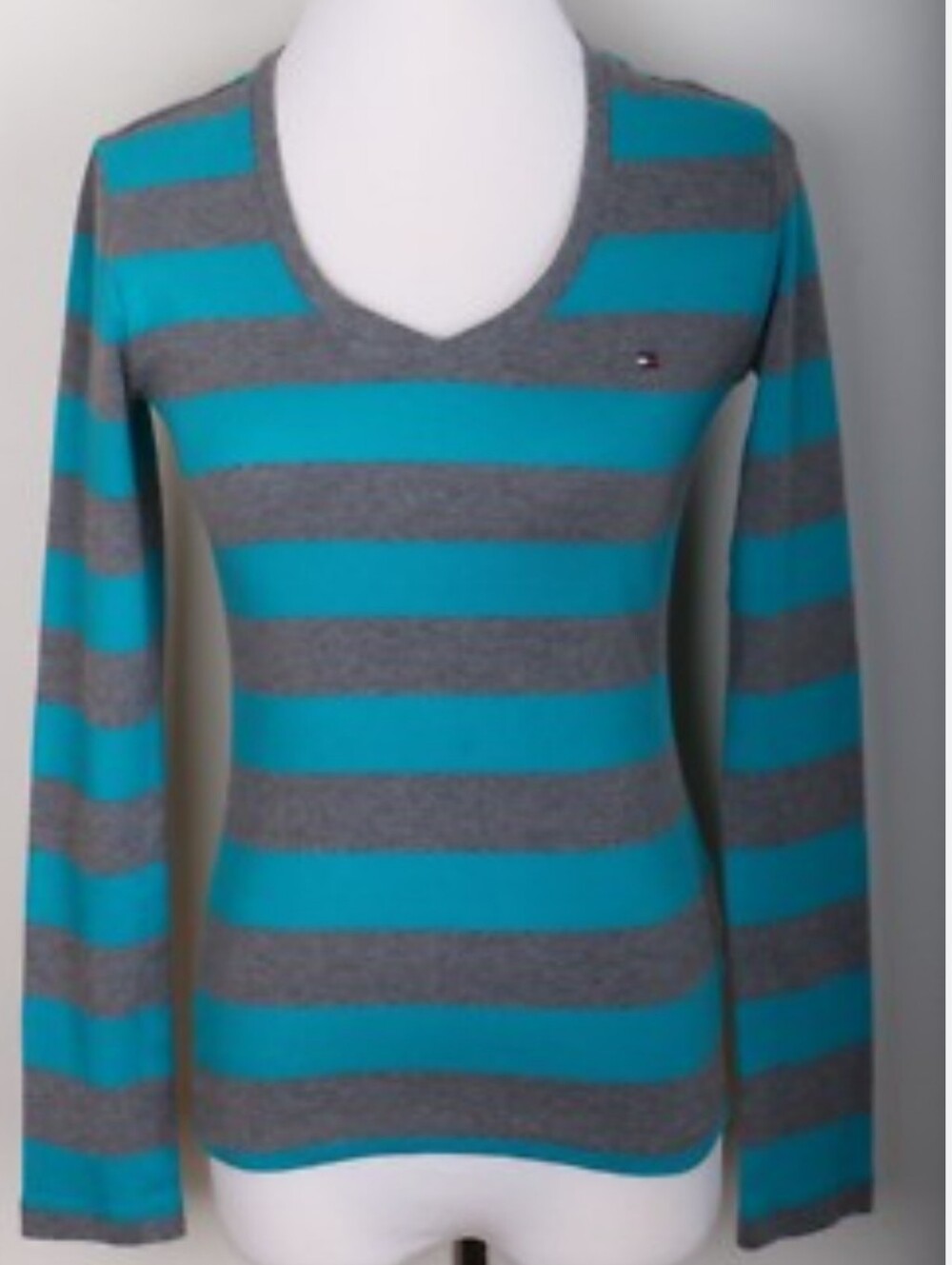Tommy Hilfiger Teal & Gray Striped V-Neck Sweater